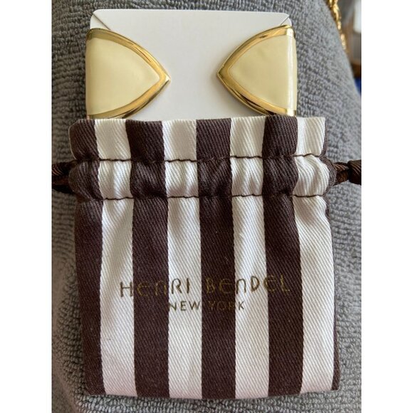 Vintage Henri Bendel Monet Gold‎ Tone & Cream Enamel Drop Hoop Earrings - Picture 2 of 7